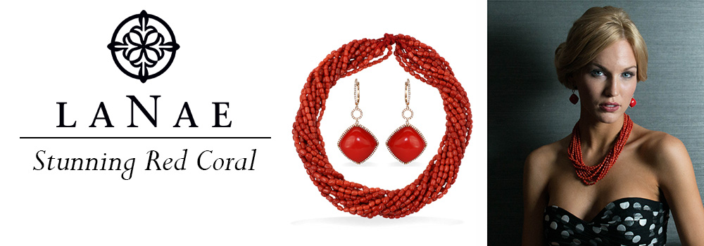 LaNae Red Coral necklace and earrings shown on model.. Noble Red Oxblood Coral at LaNae Fine Jewelry in Vail